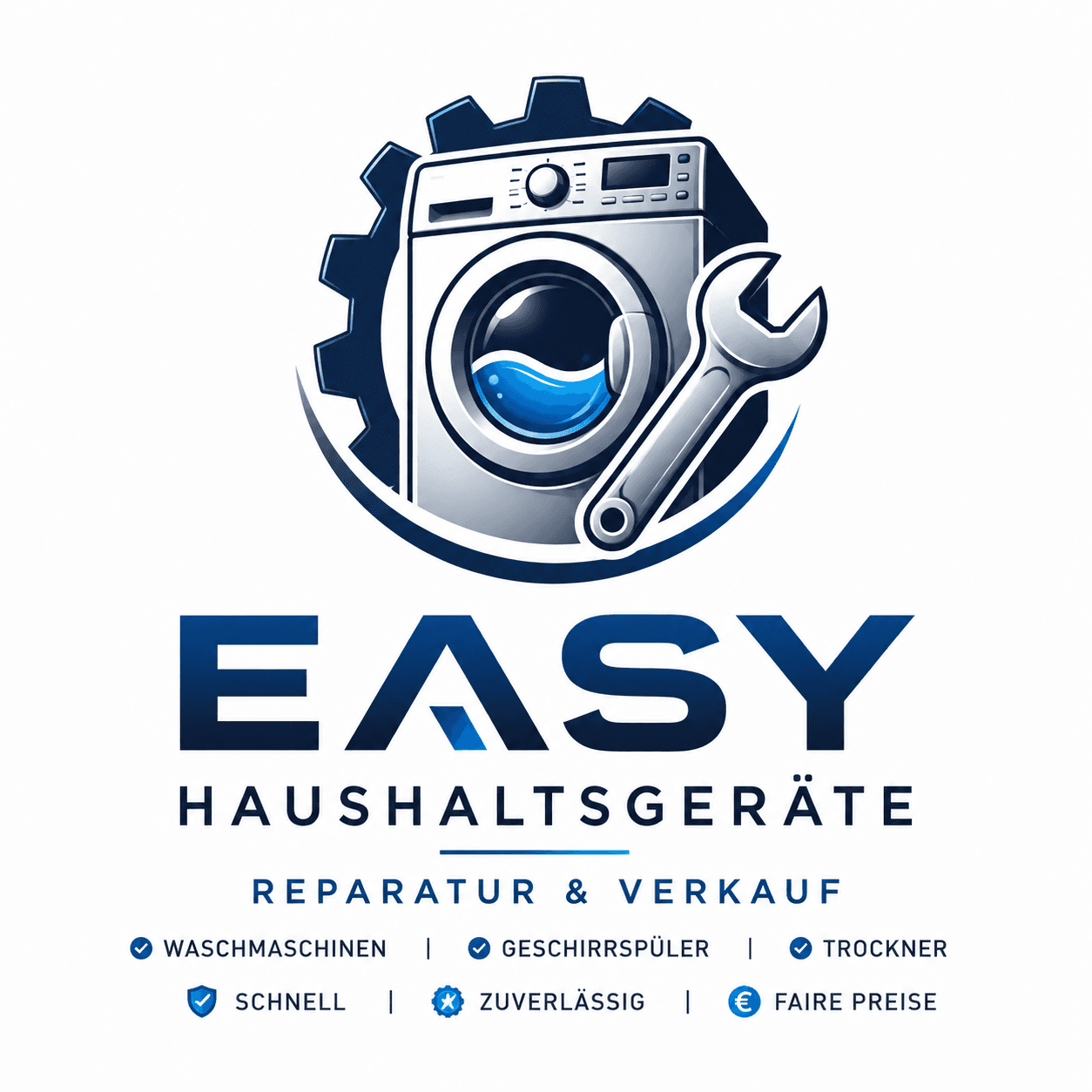 Easy Haushaltsgeräte Logo mit Waschmaschine, Werkzeug und Zahnrad