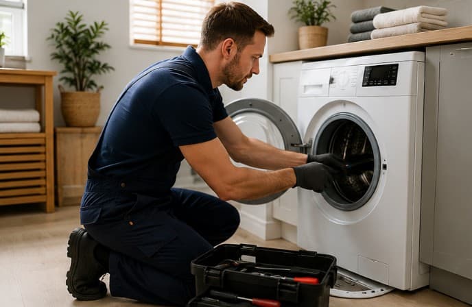 Techniker repariert eine Waschmaschine direkt beim Kunden zu Hause